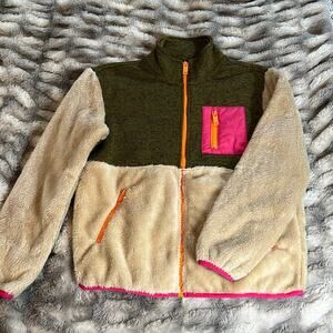 Nordstrom Kids’ Mixed Media Fleece/ Faux Fur Jacket | Green & Beige 10/12 | NWT